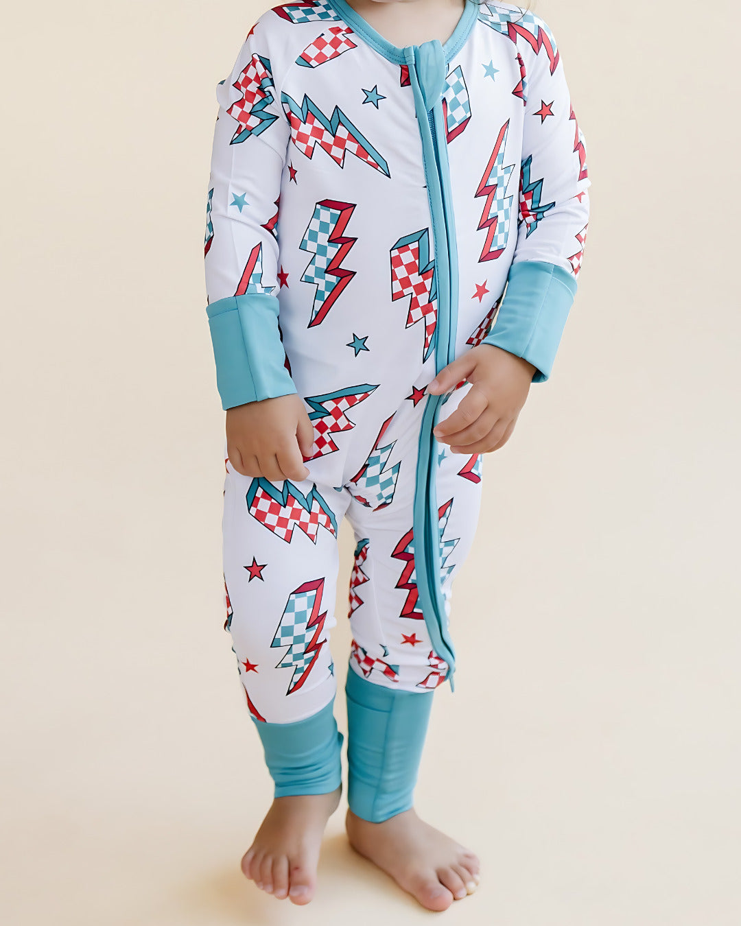 retro baby christmas bamboo zip up pajama kids checkered lightning bolts bamboo zip pj's viscose 