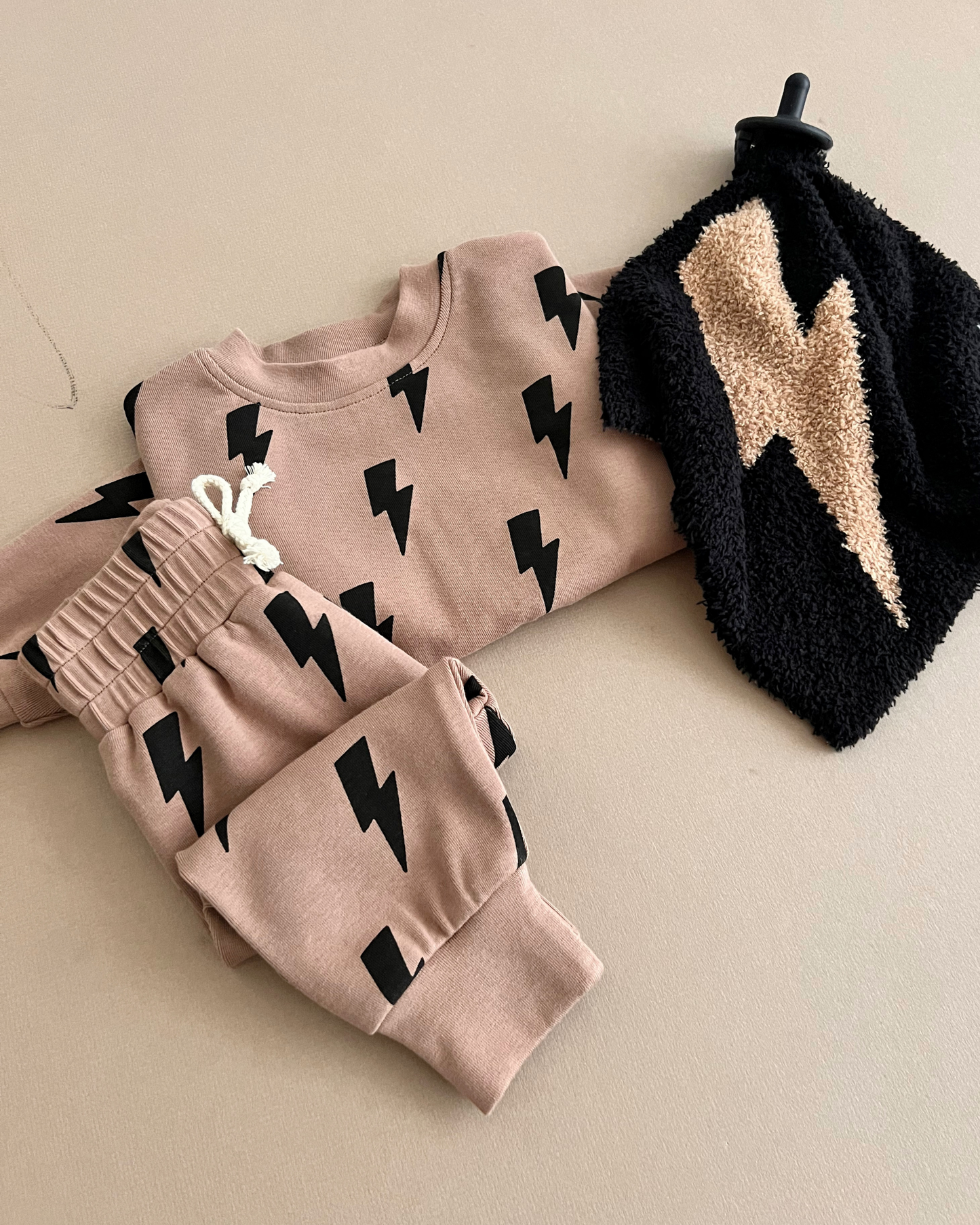 cotton brown lightning bolt jogger set kids jogger set long sleeve and sweatpants brown cotton lightning bolt gender neutral 