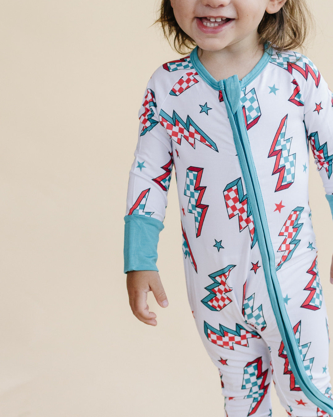 retro baby christmas bamboo zip up pajama kids checkered lightning bolts bamboo zip pj's viscose 