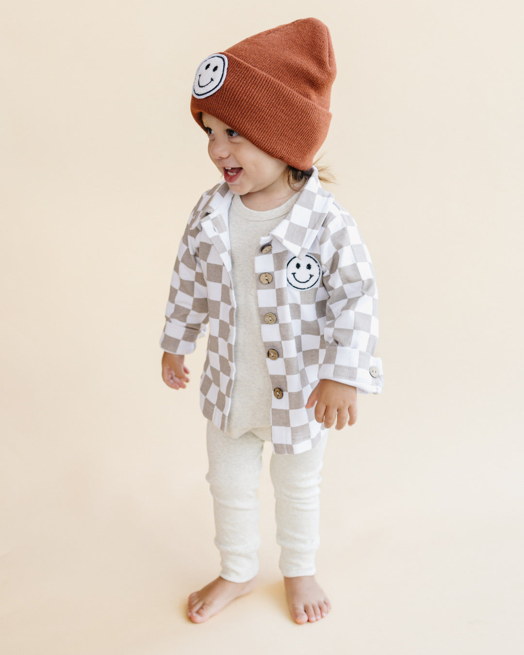 baby cotton checkered jacket kids shacket jacket checkered smiley tan and white checkers baby sweatshirt jacket 