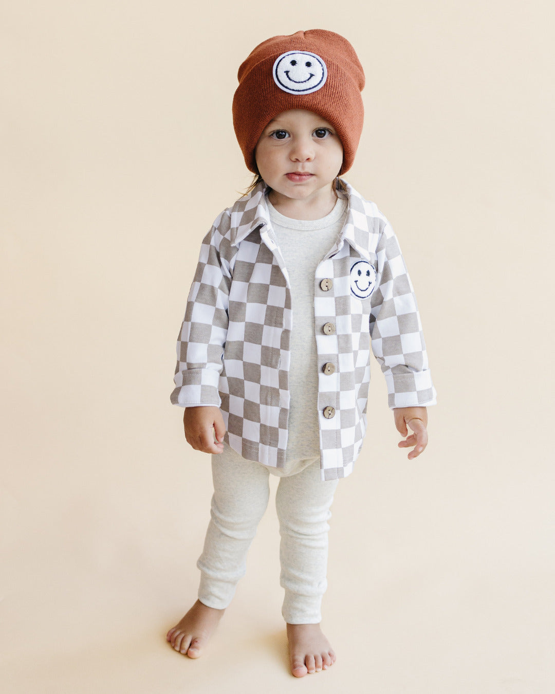 baby cotton checkered jacket kids shacket jacket checkered smiley tan and white checkers baby sweatshirt jacket 