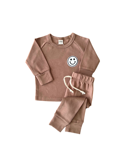 baby cotton lounge set brown kids two piece lounge set cotton babies brown smiley face set pants and long sleeve 