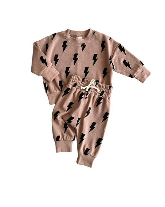 cotton brown lightning bolt jogger set kids jogger set long sleeve and sweatpants brown cotton lightning bolt gender neutral 