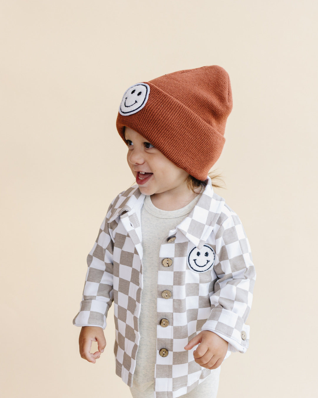 baby cotton checkered jacket kids shacket jacket checkered smiley tan and white checkers baby sweatshirt jacket 