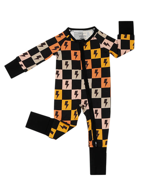 gender neutral baby bamboo zip up pajamas lightning bolts checkered kids zip up pj's