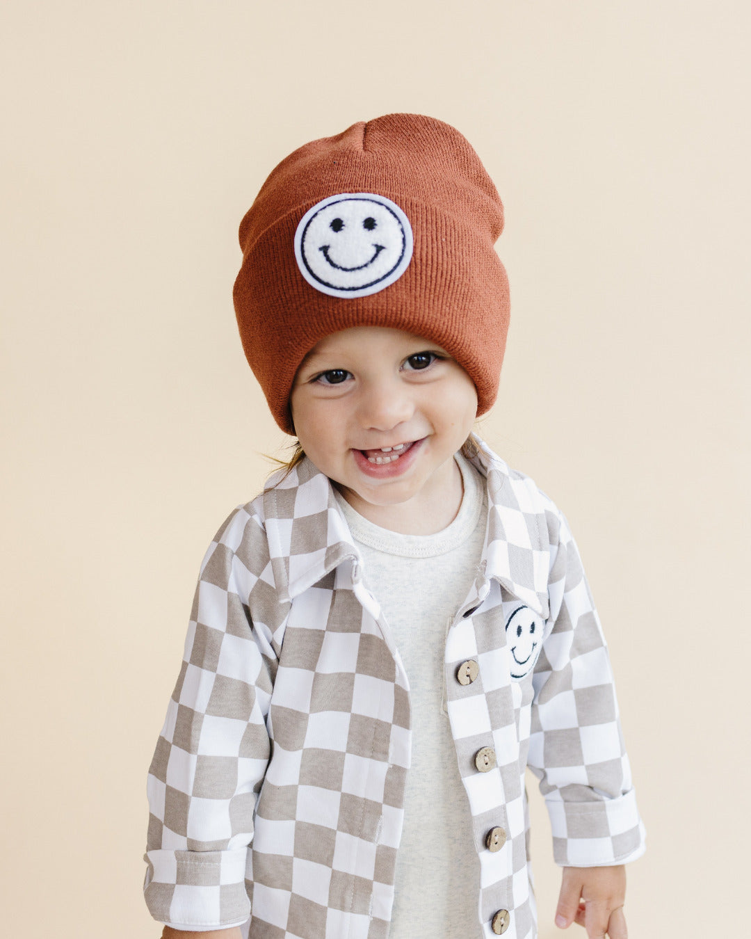 baby cotton checkered jacket kids shacket jacket checkered smiley tan and white checkers baby sweatshirt jacket 