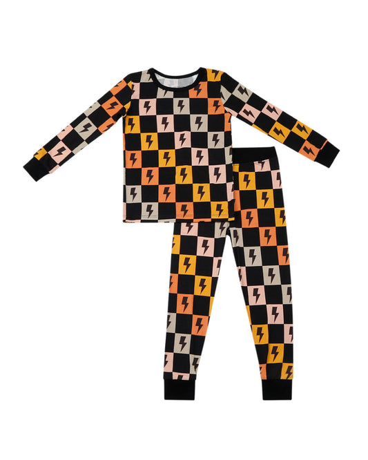 gender neutral baby bamboo pajama set lightning bolts checkered kids two piece pj set viscose bamboo checkered lightning bolts baby viscose pj set