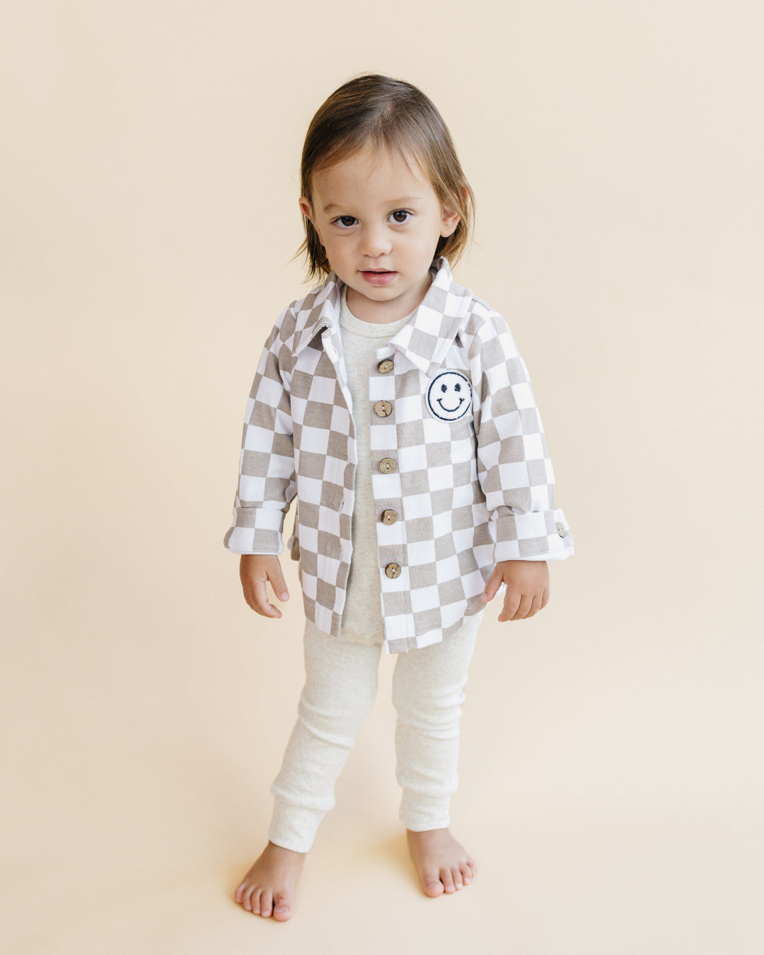 baby cotton checkered jacket kids shacket jacket checkered smiley tan and white checkers baby sweatshirt jacket 