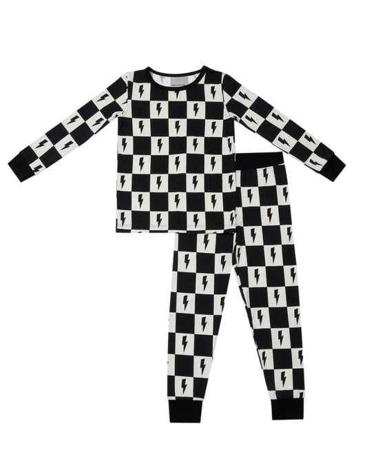 gender neutral baby bamboo pajama set lightning bolts checkered kids two piece pj set viscose bamboo checkered lightning bolts baby viscose pj set