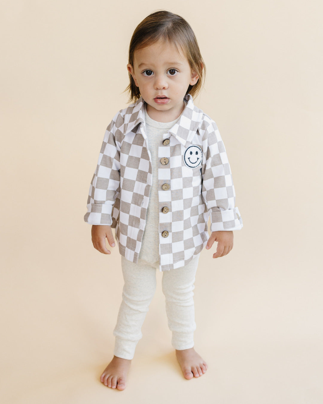 baby cotton checkered jacket kids shacket jacket checkered smiley tan and white checkers baby sweatshirt jacket 