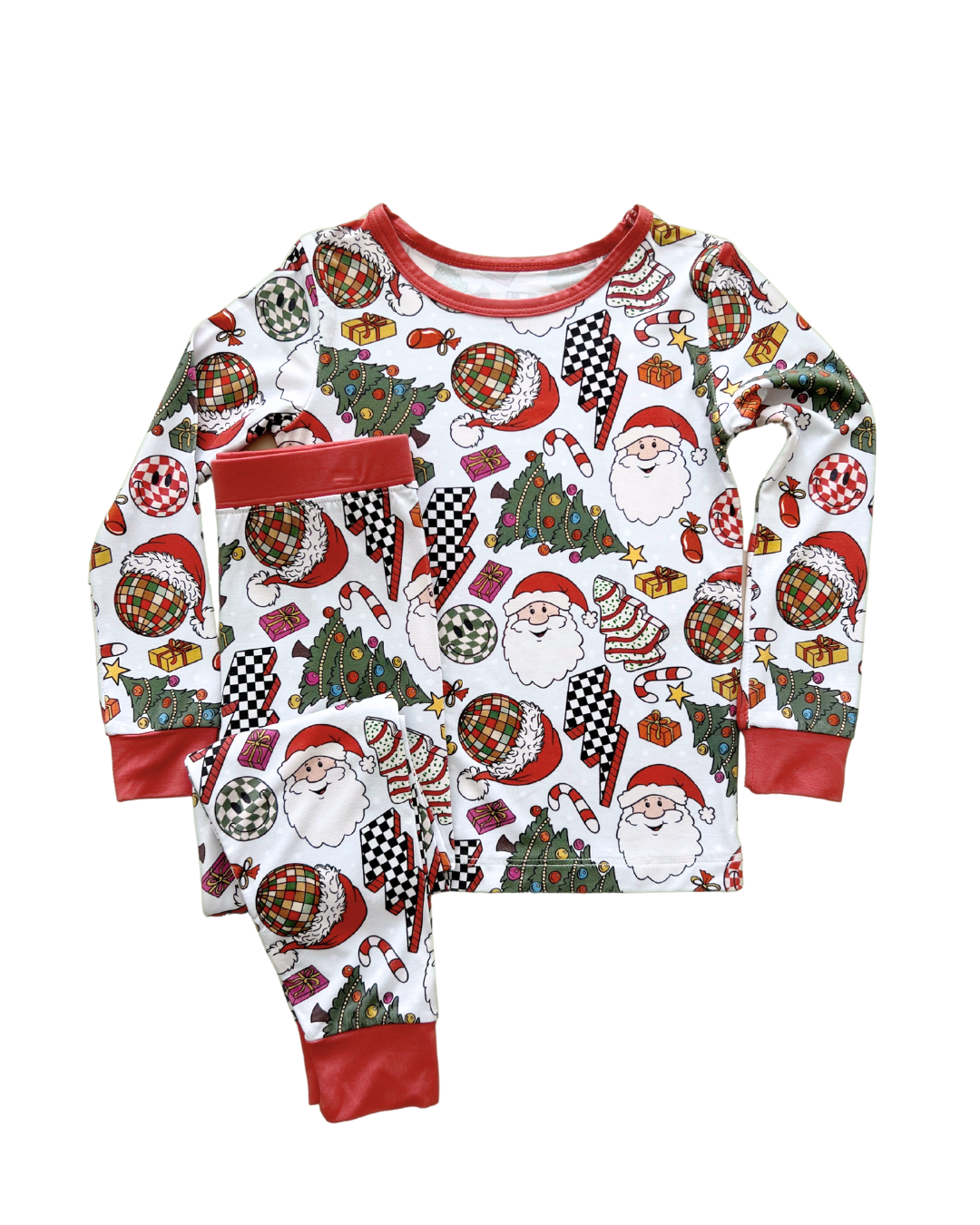 baby christmas pajamas bamboo kids pj set retro christmas pj trees, checkered lightning bolt, santa and smileys.