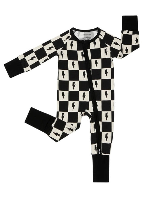 gender neutral baby bamboo zip up pajamas lightning bolts checkered kids zip up pj's