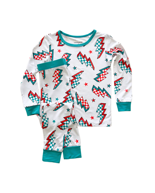 baby christmas bamboo pajama set kids checkered lightning bolts bamboo pj set pants and long sleeve baby pj's 