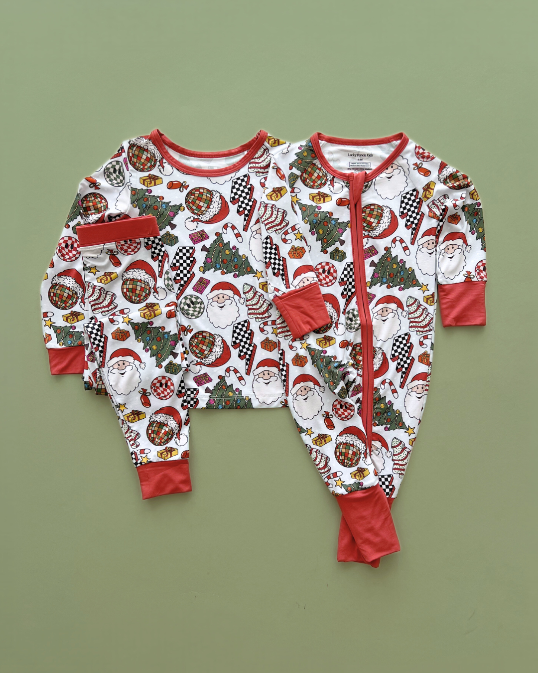 baby christmas pajamas bamboo kids pj set retro christmas pj trees, checkered lightning bolt, santa and smileys.