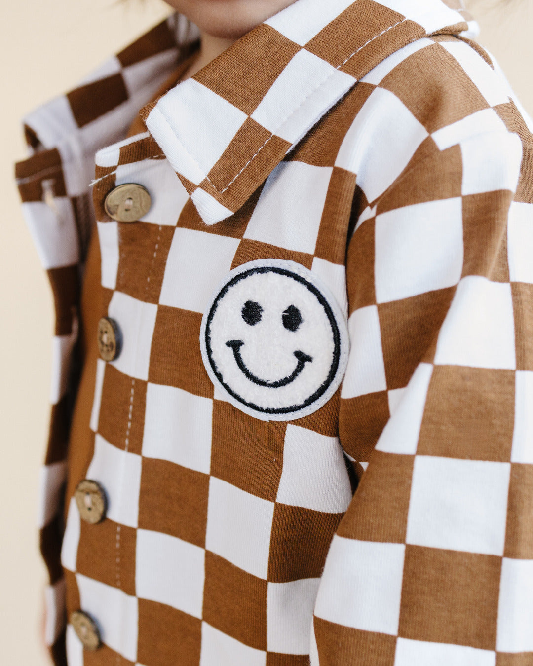 baby cotton checkered jacket kids shacket jacket checkered smiley brown and white checkers baby sweatshirt jacket 