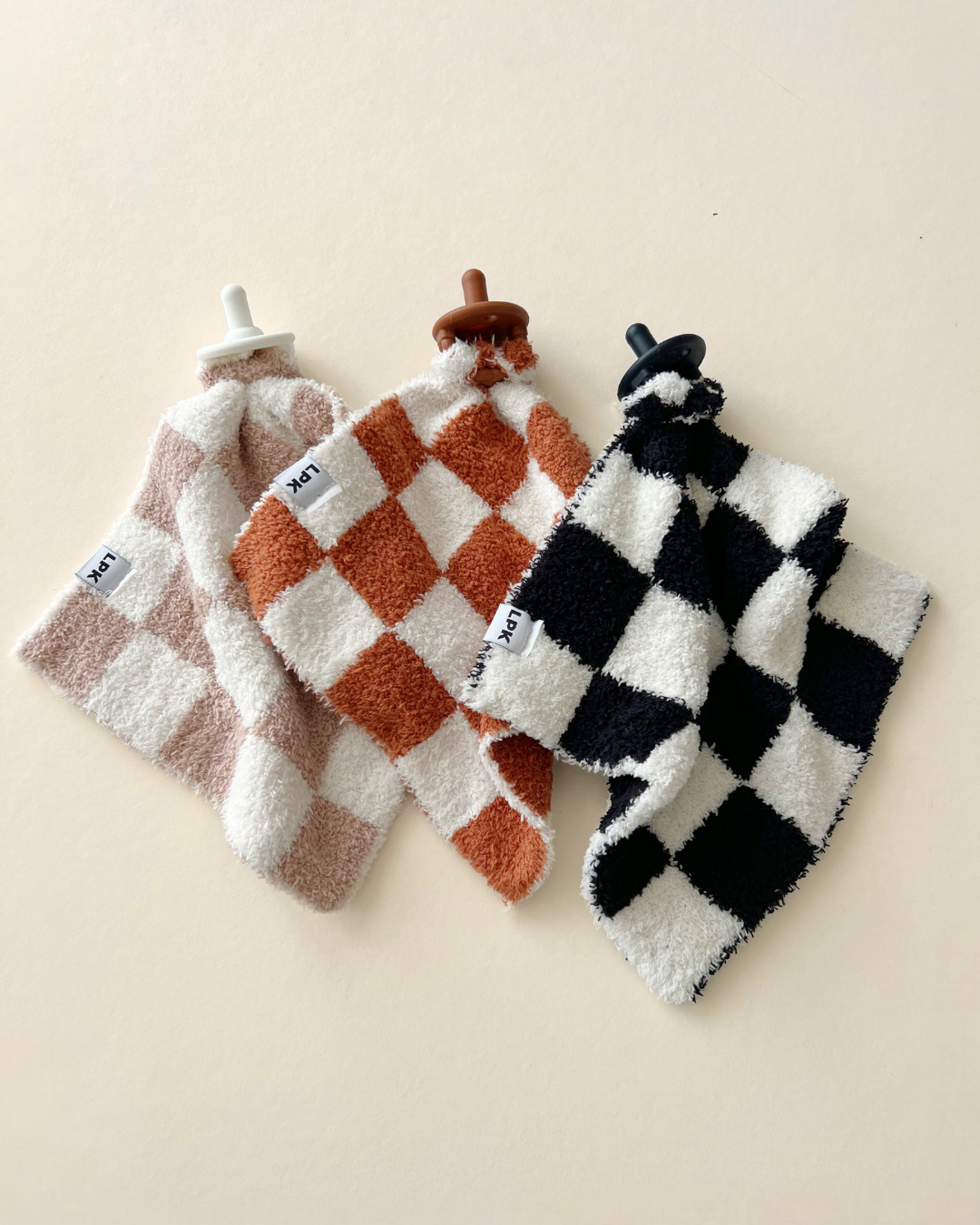 white tan checkered plush lovey binky blanket checkered fuzzy mini blanket