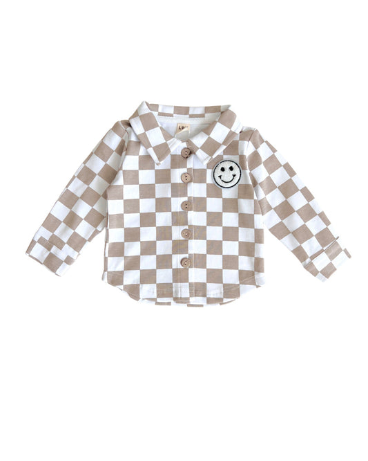 baby cotton checkered jacket kids shacket jacket checkered smiley tan and white checkers baby sweatshirt jacket 