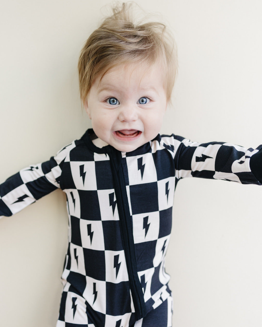 gender neutral baby bamboo zip up pajamas lightning bolts checkered kids zip up pj's