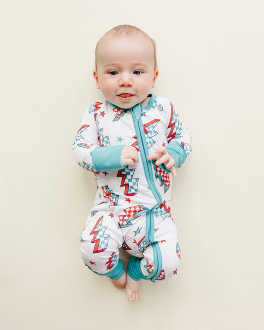 retro baby christmas bamboo zip up pajama kids checkered lightning bolts bamboo zip pj's viscose 