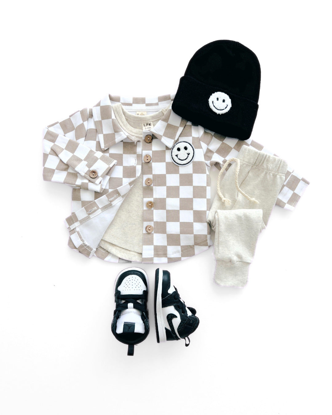 baby cotton checkered jacket kids shacket jacket checkered smiley tan and white checkers baby sweatshirt jacket 