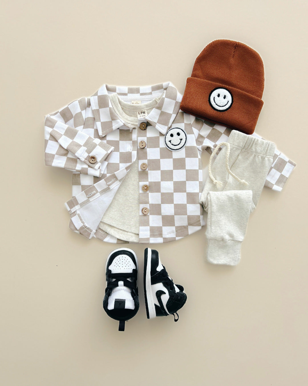 baby cotton checkered jacket kids shacket jacket checkered smiley tan and white checkers baby sweatshirt jacket 