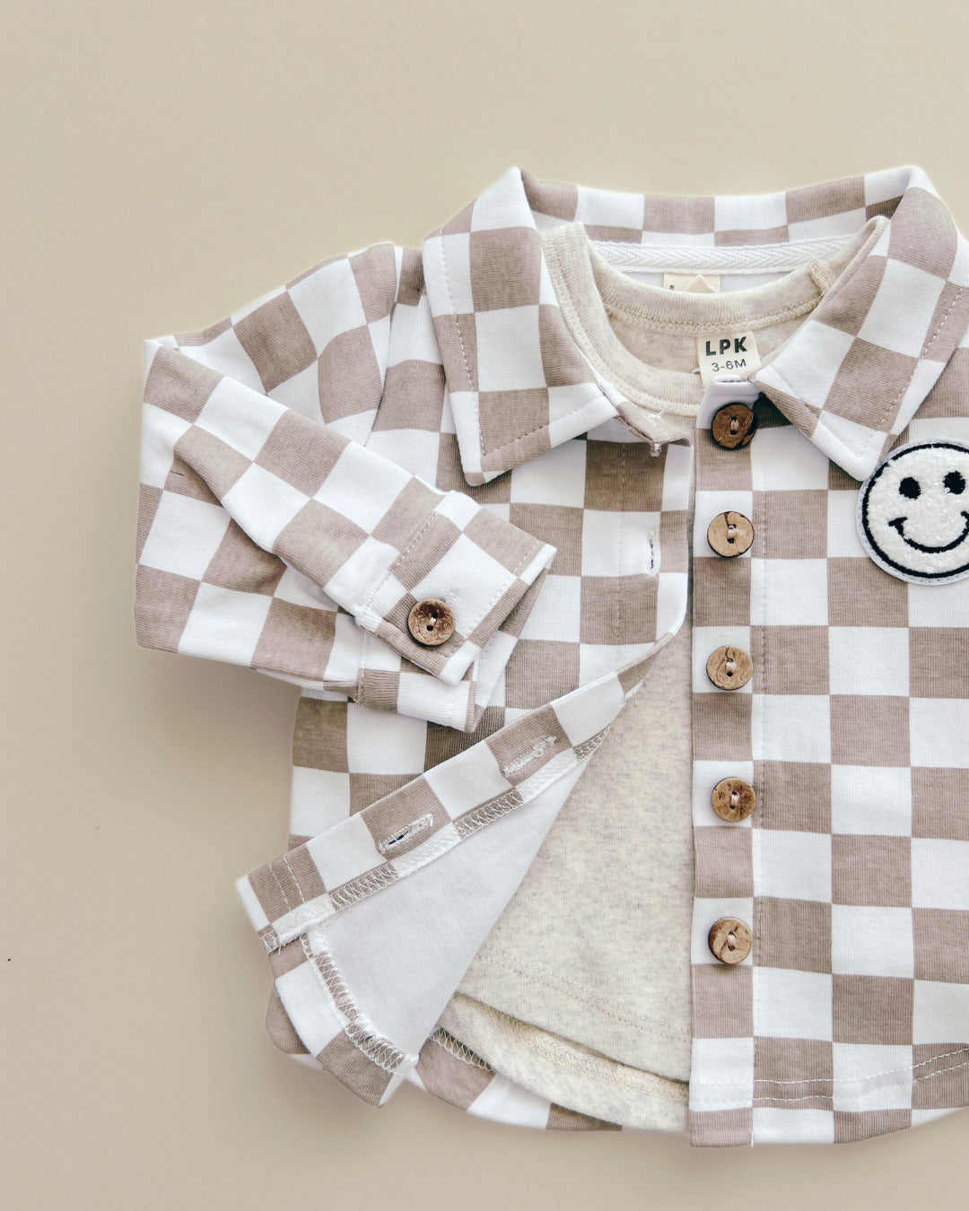 baby cotton checkered jacket kids shacket jacket checkered smiley tan and white checkers baby sweatshirt jacket 