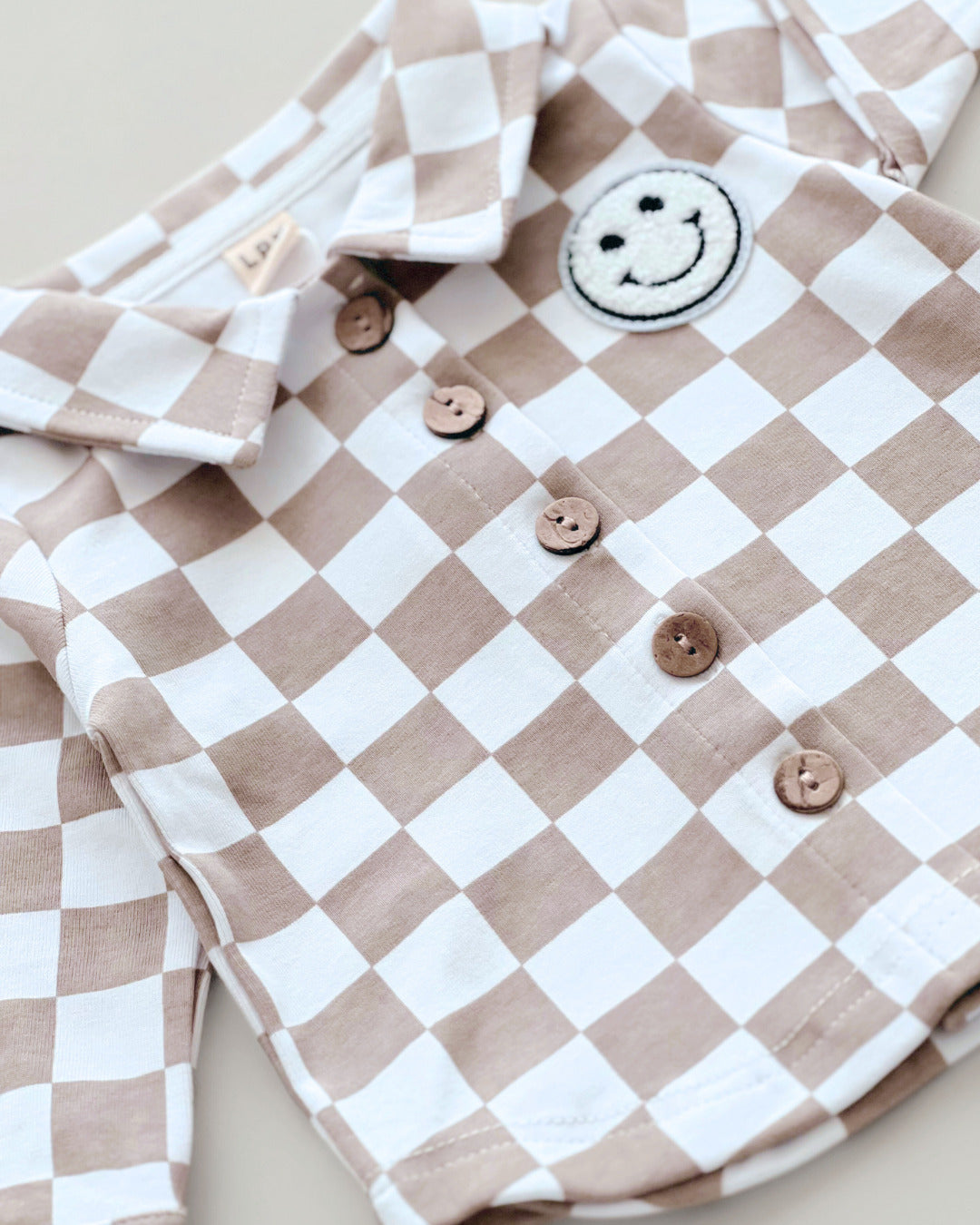 baby cotton checkered jacket kids shacket jacket checkered smiley tan and white checkers baby sweatshirt jacket 