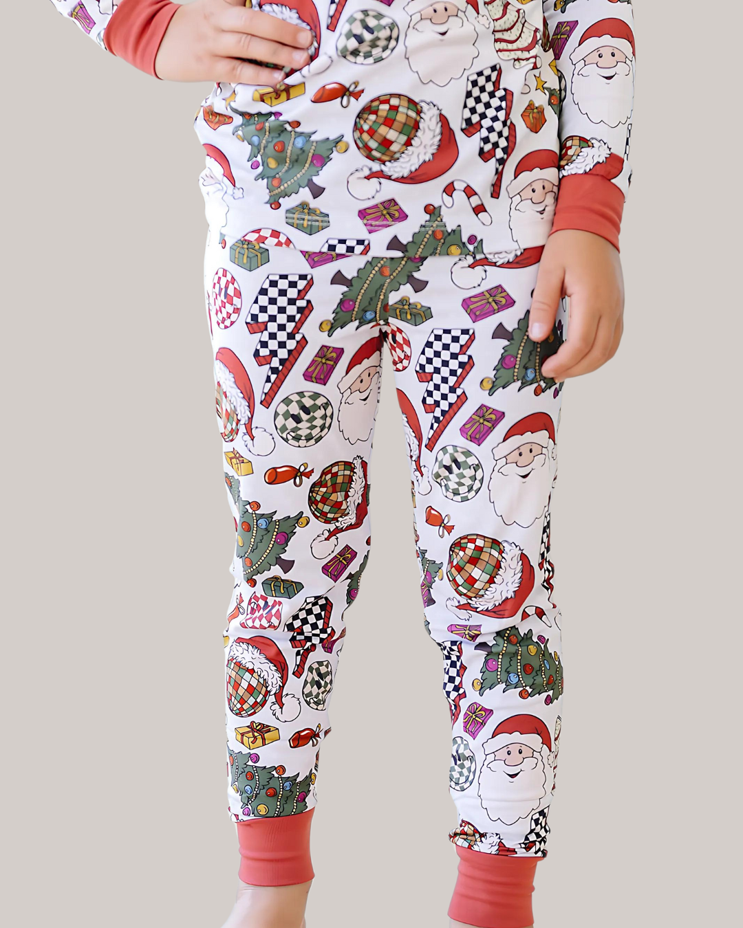 baby christmas pajamas bamboo kids pj set retro christmas pj trees, checkered lightning bolt, santa and smileys.