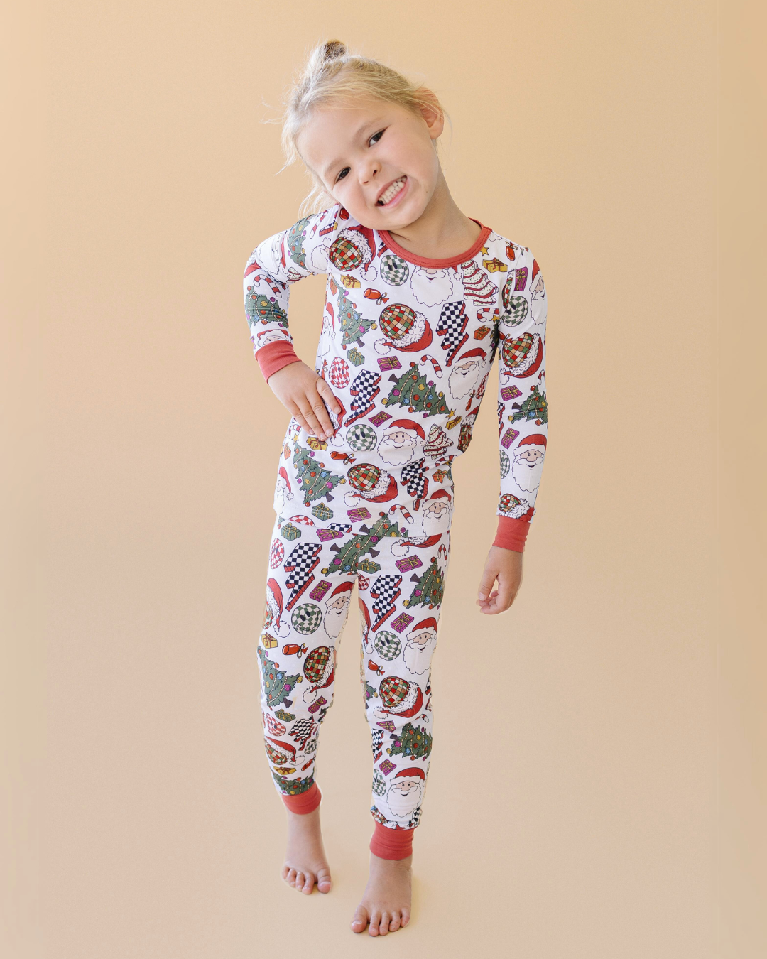 baby christmas pajamas bamboo kids pj set retro christmas pj trees, checkered lightning bolt, santa and smileys.