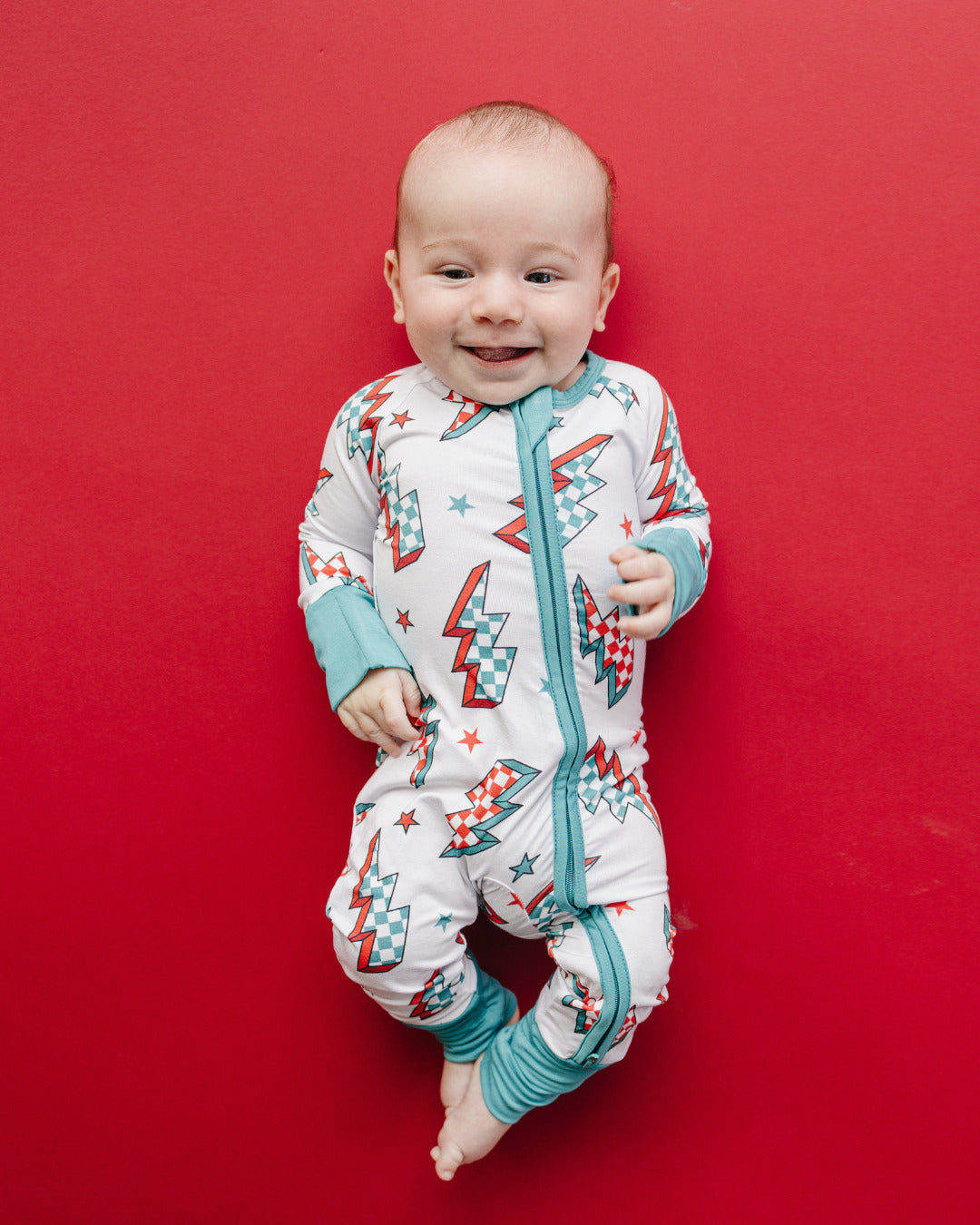 retro baby christmas bamboo zip up pajama kids checkered lightning bolts bamboo zip pj's viscose 