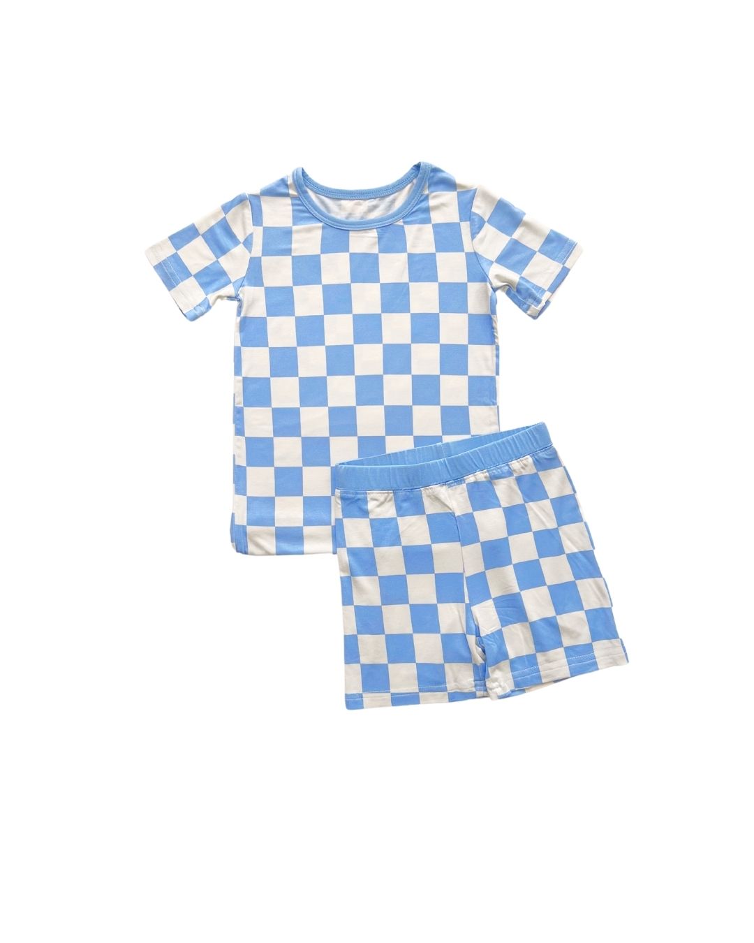 A white background featuring the Lucky Panda Kids viscose bamboo two-piece short pajama set in a white and light blue checkered pattern.