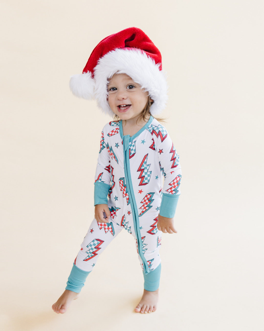 retro baby christmas bamboo zip up pajama kids checkered lightning bolts bamboo zip pj's viscose 