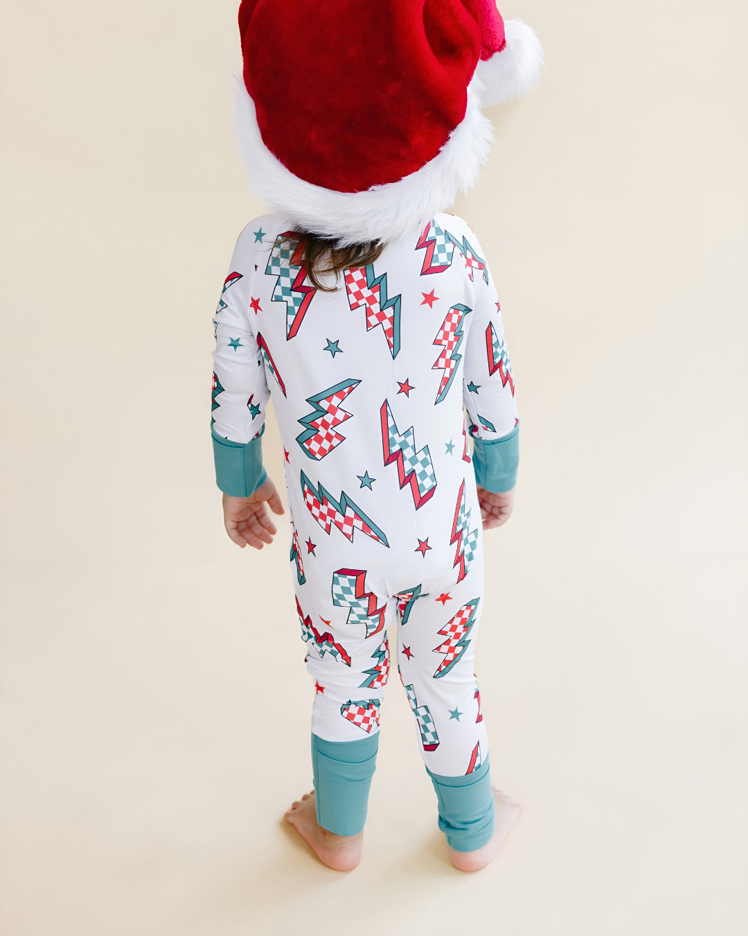 retro baby christmas bamboo zip up pajama kids checkered lightning bolts bamboo zip pj's viscose 