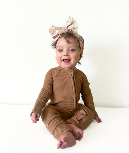 Belle & Bros ribbed baby bamboo zip up footie kids zip up onesie long sleeve brown bamboo