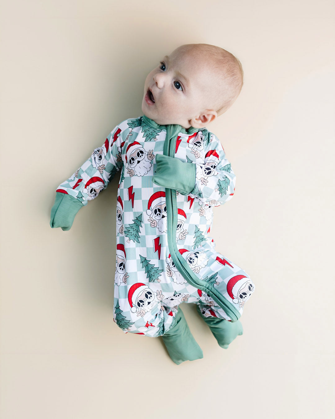 viscose baby bamboo zip up pj's checkered santa christmas pj kids zip up pj's bamboo green white checkered santa christmas pajamas 