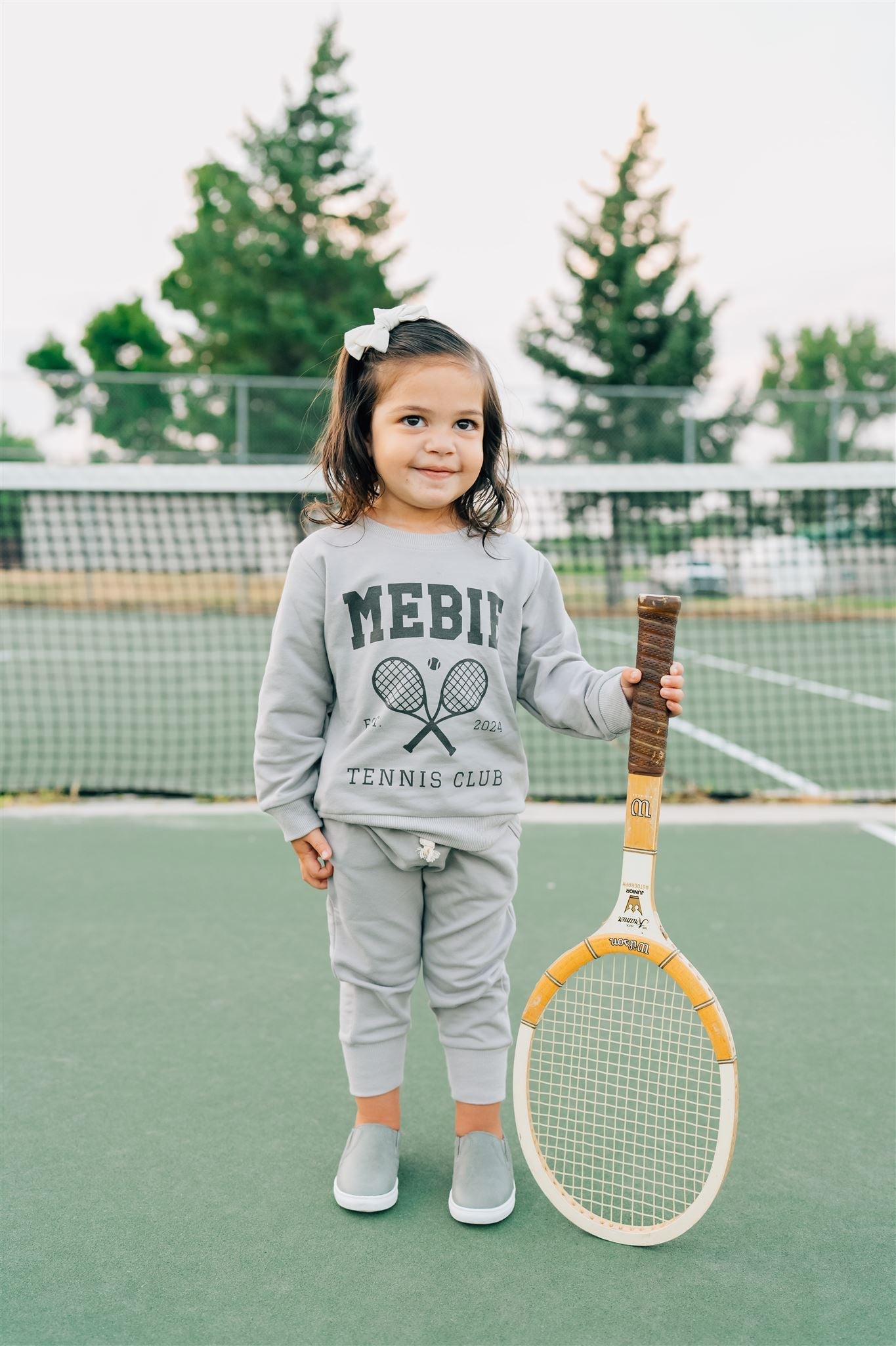 tennis gray baby jogger set kids two piece set gray cotton baby joggers sweatshirt tennis racket kids set