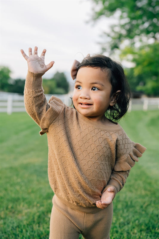 tan toffee baby girl 100% cotton sweater kids cotton warm sweater ruffle sleeve baby girl sweater tan cotton kids