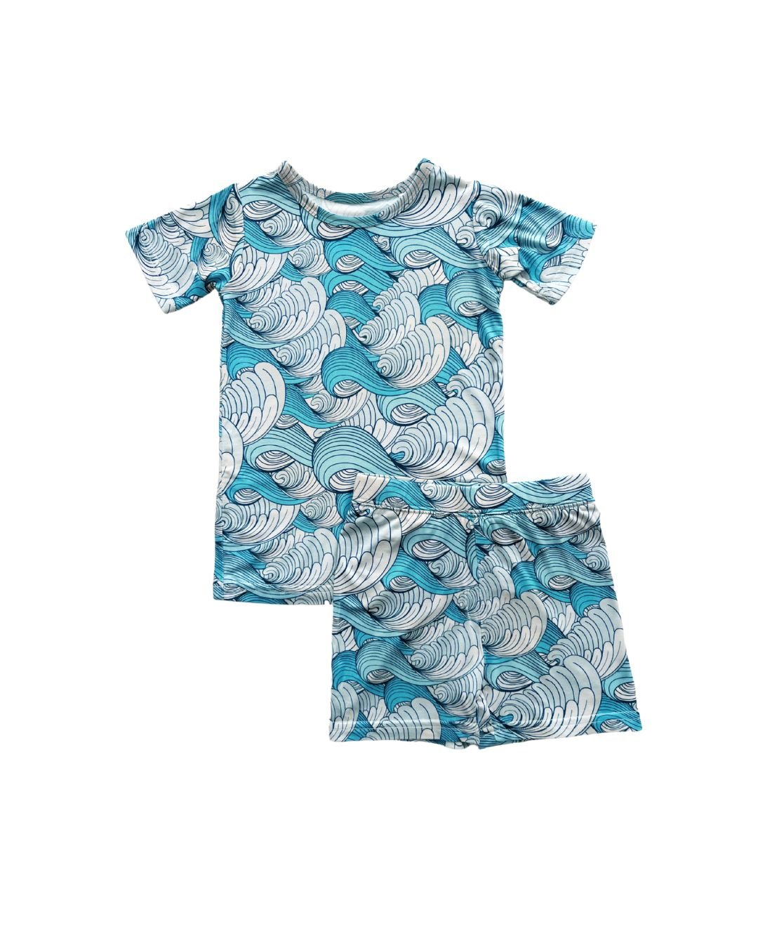 Lucky Panda Kids shorts set for babies and kids. It includes shorts and a t-shirt that are blue with white waves in the theme of california surf, laid out on a blank background.