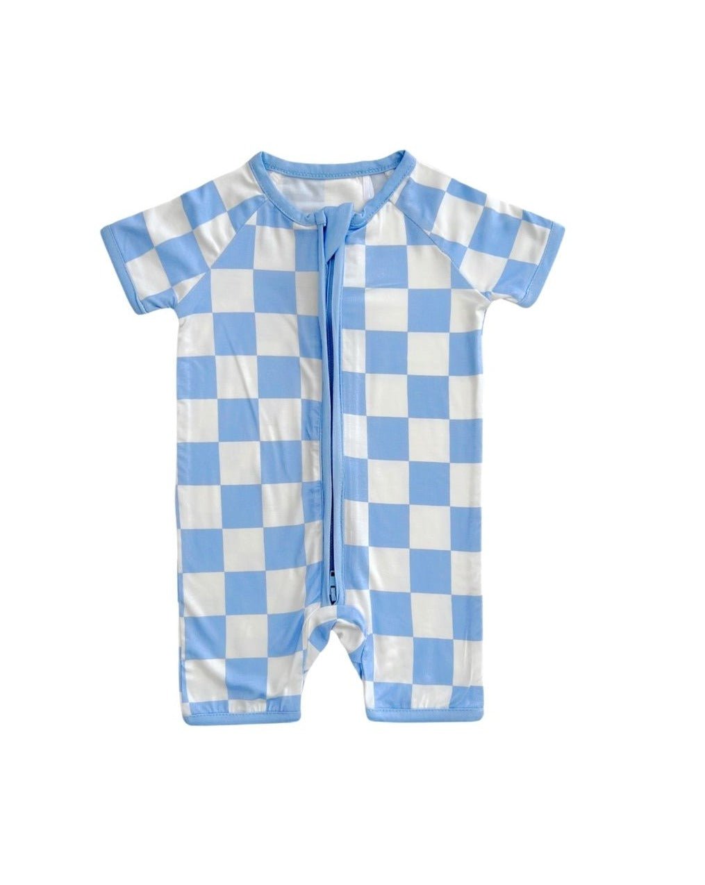 Lucky Panda Kids bamboo and cotton blue and white checkered short sleeve shortie romper on a white background.