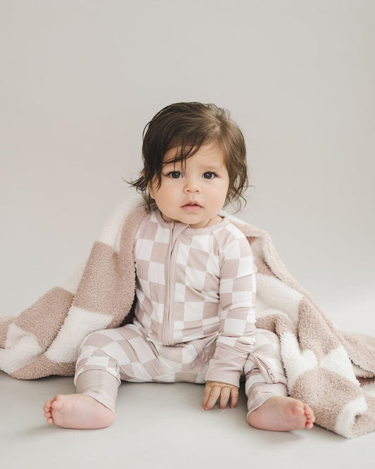 viscose bamboo baby checkered zip up romper kids zip up pj checkered tan and white bamboo baby pajamas 