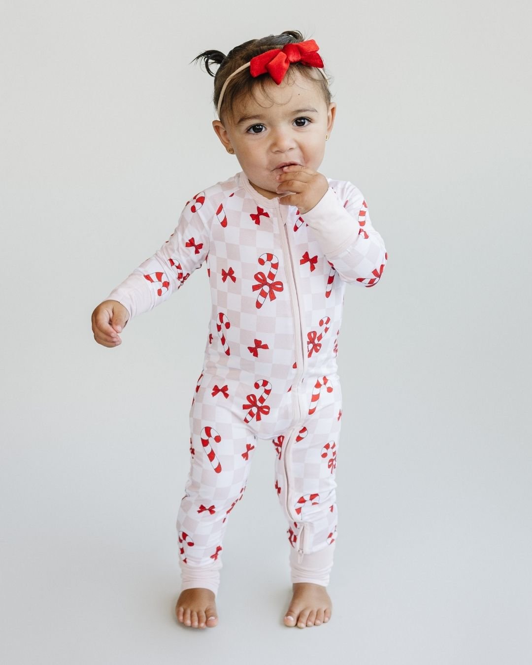 viscose bamboo baby girls pink zip up pj candy cane baby pink checkered zip up pj christmas girls zip romper pink checkers candy cane bows 