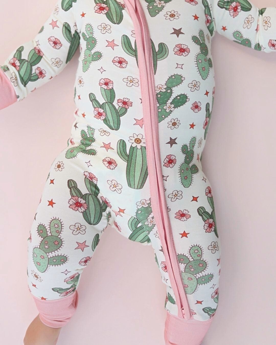 viscose bamboo baby girl zip up romper cactus flower pink girls zip up pj bamboo pink flowers green cactus baby jumpsuit