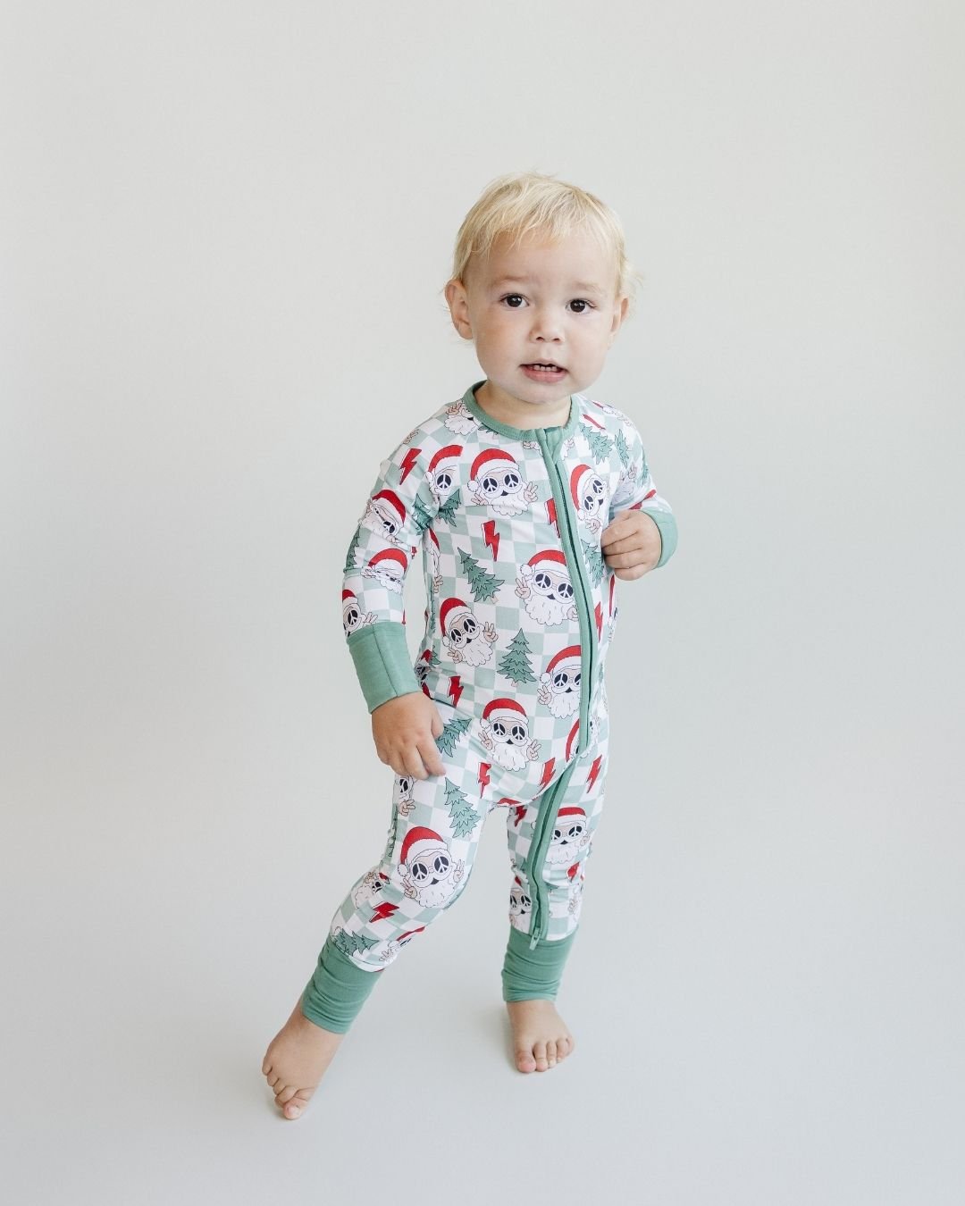 viscose baby bamboo zip up pj's checkered santa christmas pj kids zip up pj's bamboo green white checkered santa christmas pajamas 