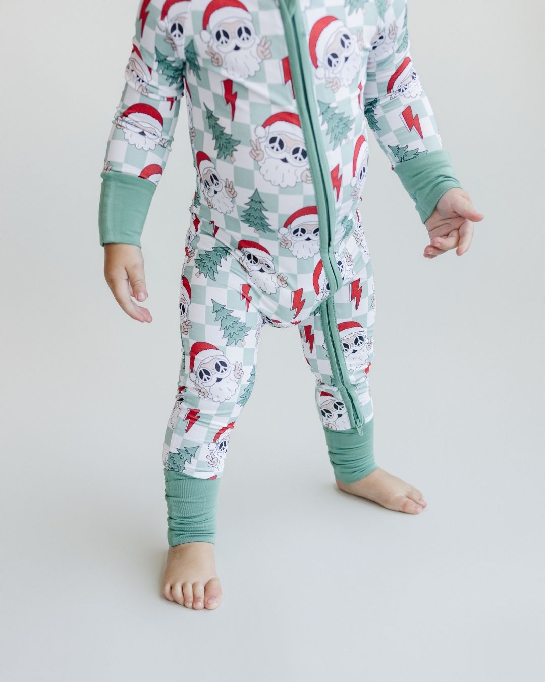 viscose baby bamboo zip up pj's checkered santa christmas pj kids zip up pj's bamboo green white checkered santa christmas pajamas 