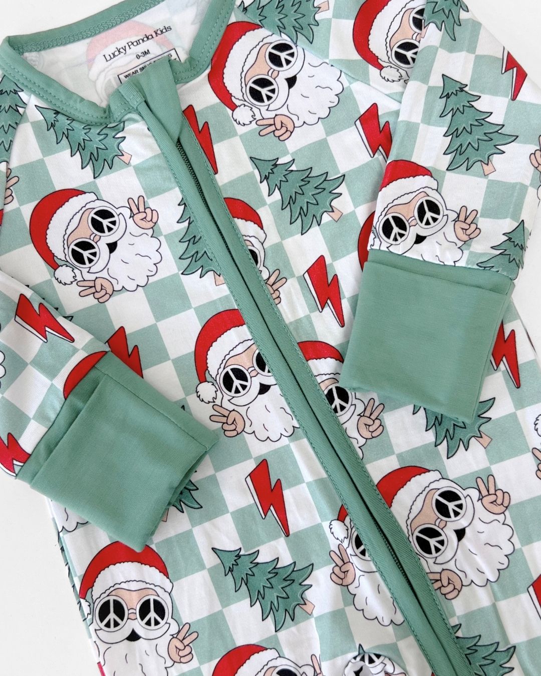 viscose baby bamboo zip up pj's checkered santa christmas pj kids zip up pj's bamboo green white checkered santa christmas pajamas 