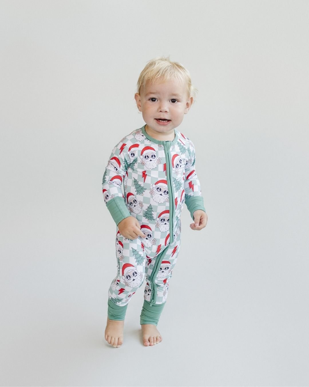 viscose baby bamboo zip up pj's checkered santa christmas pj kids zip up pj's bamboo green white checkered santa christmas pajamas 