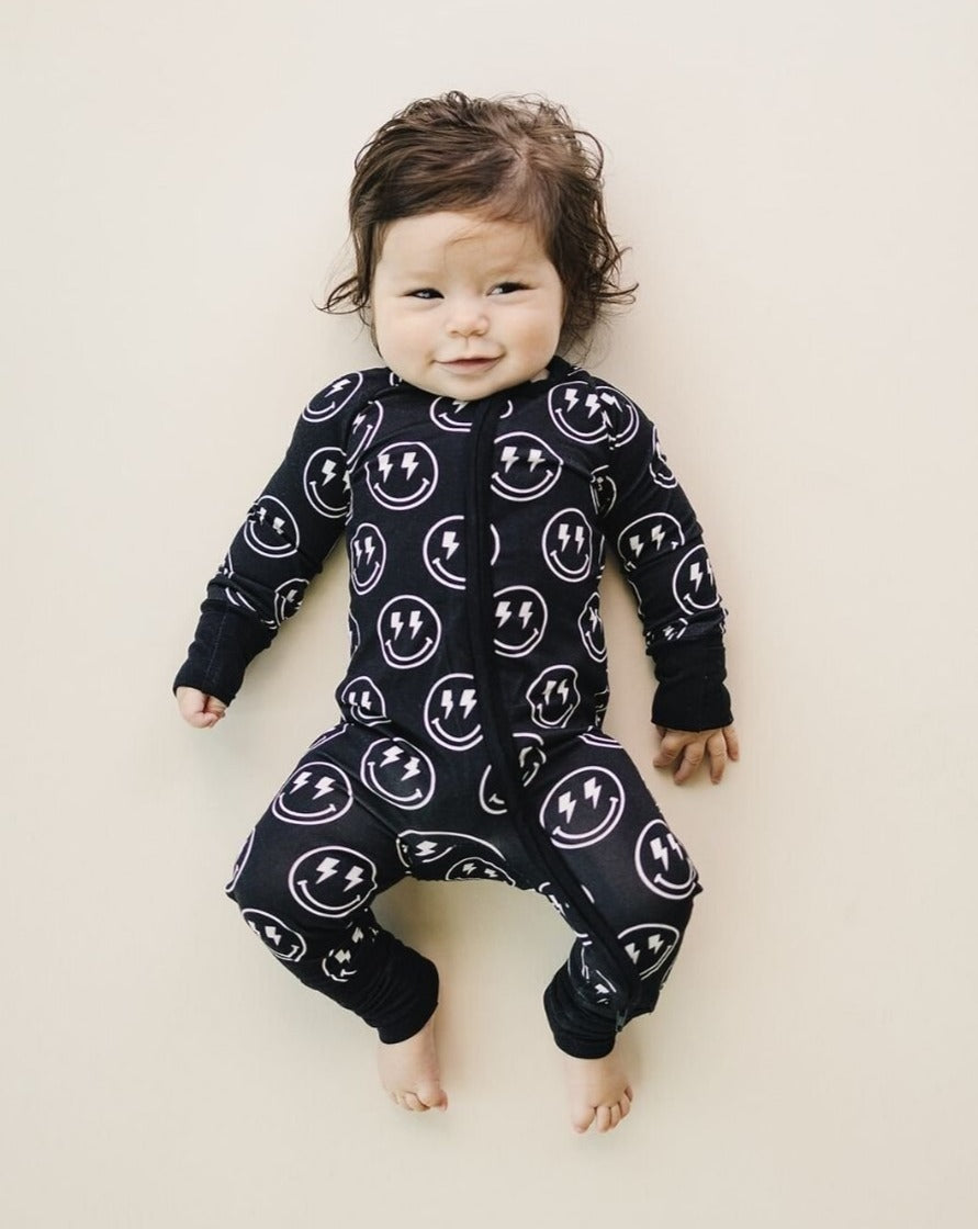 viscose baby black bamboo zip up romper smiley face kids bamboo electric smiley zip up suit baby