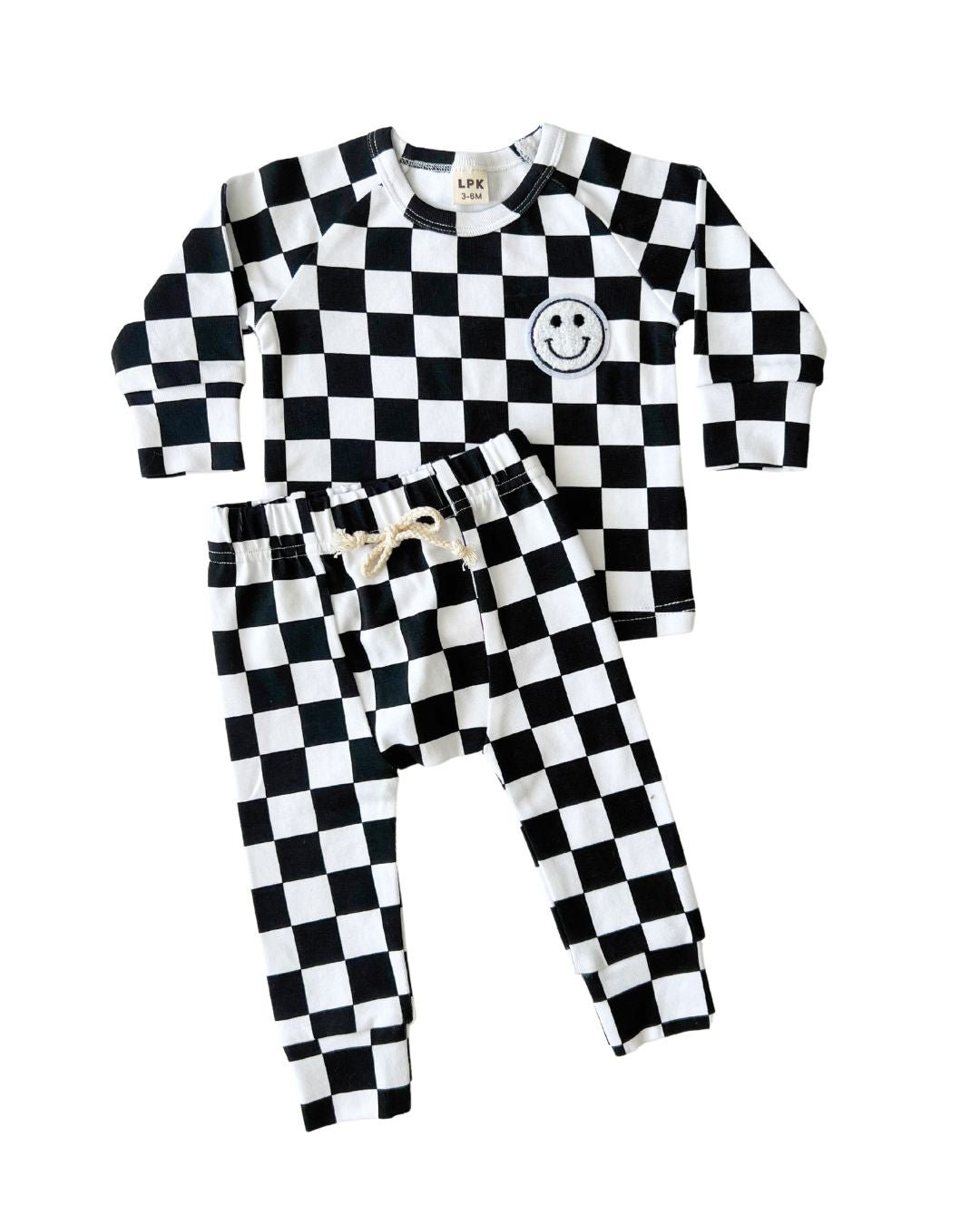 baby checkered lounge set kids white and black lounge set baby two piece set checkered smiley cotton kids set 