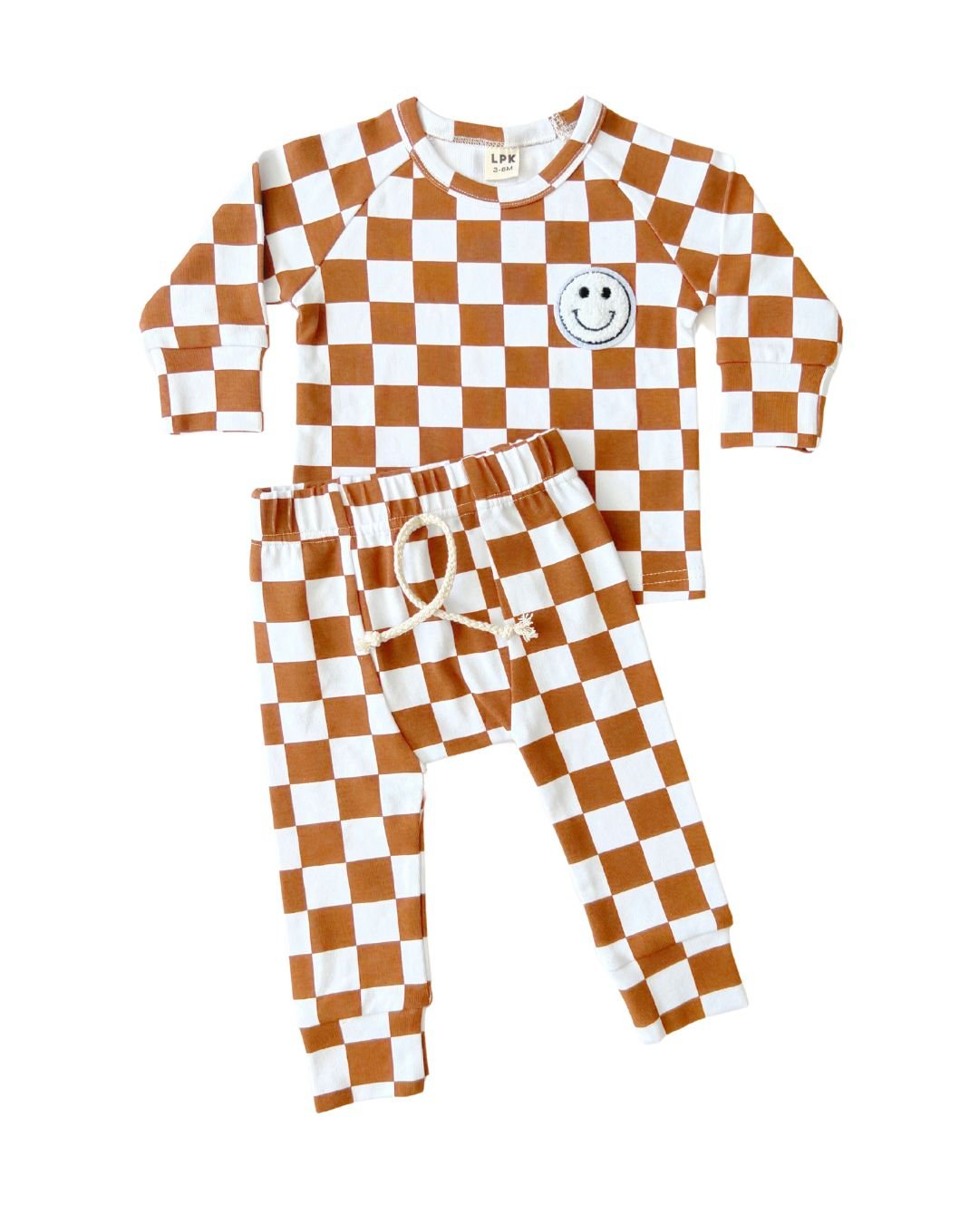 newborn baby cotton lounge set two piece checkered set kids lucky panda kids lounge tan white checkers longe sleeve set