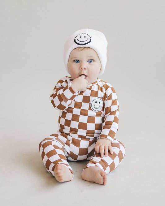 newborn baby cotton lounge set two piece checkered set kids lucky panda kids lounge tan white checkers